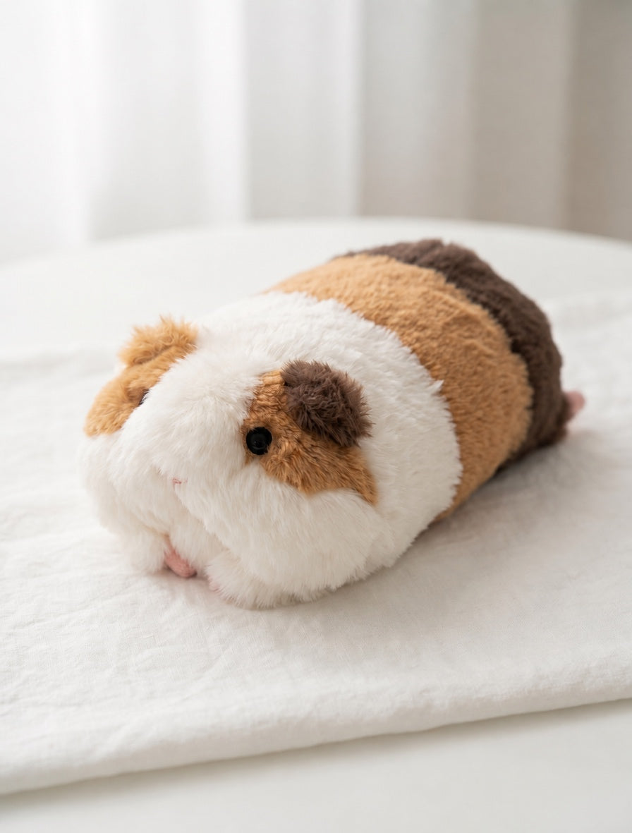 Calico guinea pig lying plush toy, front view